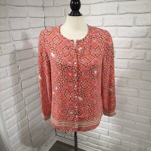 Talbots Petite Ladies Size Medium Pink Peach Burgundy Patterned Loose Fit Blouse